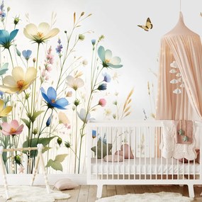 Самозалепващ тапет – Пастелни цветя и летящи пеперуди