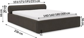 Тъмносиво тапицирано двойно легло с място за съхранение и включена подматрачна рамка 180x200 cm Cille – Ropez