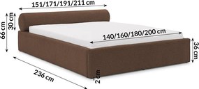 Кафяво тапицирано двойно легло с място за съхранение и включена подматрачна рамка 160x200 cm Cille – Ropez