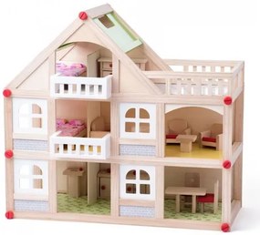 Woody - Двуетажна дървена къща, с балкони, с аксесоари и кукли