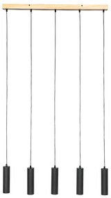 Модерна висяща лампа черна с дърво 5-светлина - Jeana