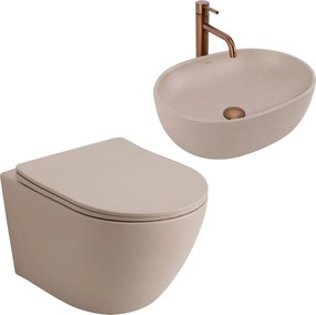 Комплект Конзолна WC Чиния Focus + Умивалник за Плот Rea Focus Taupe