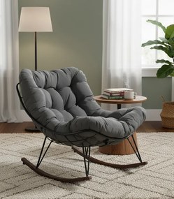 Люлеещ се фотьойл от техноратан с меки възглавници в сиво