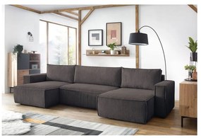 Кафяво-сив сгъваем ъглов диван от рипсено кадифе (U форма) Nihad – Bobochic Paris