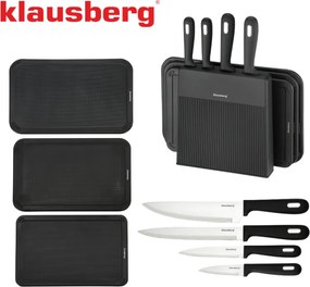 Комплект ножове и дъски за рязане Klausberg KB 7980, 8 части, Неръждаема стомана, Стойка, Черен/инокс