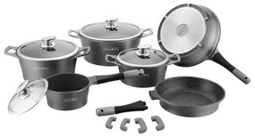 Комплект тенджери и тигани Royalty Line RL-ES1014M Silver, Лят алуминий, 14 части, Мраморно покритие, Сребрист