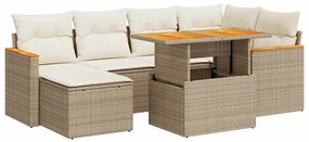 3327509 vidaXL Градински диван с възглавници, 7 части, бежов полиратан акация