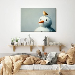 Картина на платно – Коледен снежен човек с птиче