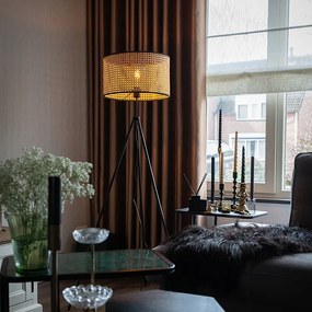 Ръстикална подова лампа триножник черна с ратан абажур - Kata