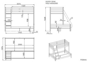 Сиво двуетажно легло за деца 140x200/90x200 cm Pino - Vipack
