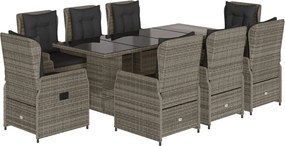3262784 vidaXL Градински трапезен комплект 9 части с възглавници сив полиратан