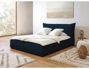 Тъмносиньо тапицирано двойно легло с място за съхранение с решетка 160x200 cm Jade - Bobochic Paris