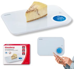Кухненска везна Klausberg KB 7938, 5 Kg, Bluetooth, Мобилно приложение, LCD, ТАРА, 4 показателя, Течности, Индикатори, Бял/син