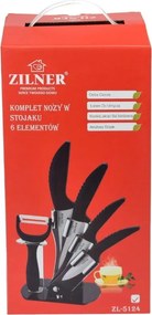 Комплект ножове с поставка ZILNER ZL 5124, 6 части, Белачка, Керамично покритие, Черен