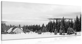 Картина на платно – Къщичка в заснежена природа в черно-бяло