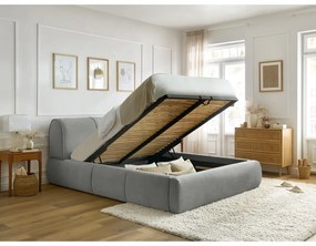 Светлосиво тапицирано двойно легло с място за съхранение с решетка 160x200 cm Vernon - Bobochic Paris