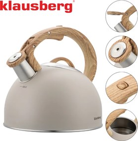 Свирещ чайник Klausberg KB 7913, 2.5 л, Дръжка с дървесен ефект, Индукция, Бежов