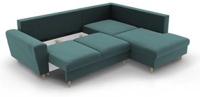 Кадифен разтегателен ъглов диван с място за съхранение в петролен цвят (десен ъгъл/L форма) Kyoto – Cosmopolitan Design
