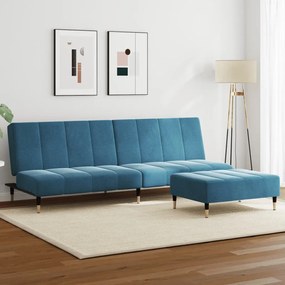 3258144 vidaXL 2-местно разтегателно канапе с табуретка, синьо, кадифе