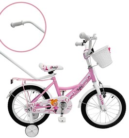 Детски велосипед с помощни колела, водеща щанга, кошница и звънец 16 – за деца на възраст от 4 до 6 години