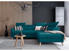 Ъглов разтегателен диван от тюркоазено кадифе (десен ъгъл) Sweet Harmony - Miuform