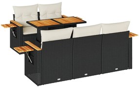 3327549 vidaXL Градински диван с възглавници, 6 части, черен полиратан, акация