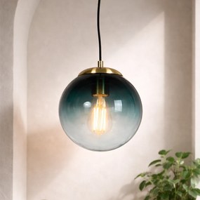 Висяща лампа в стил арт деко месинг с океанско синьо стъкло 20 см - Pallon