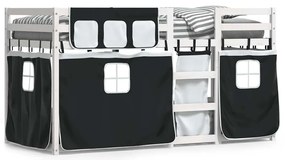 3283931 vidaXL Двуетажно легло със завеси, бяло и черно, 90x200 см, бор масив