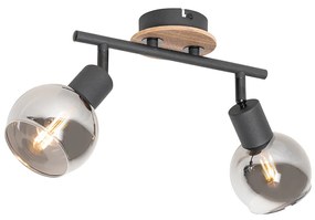 Таванна лампа черна с димно стъкло и дърво 2-светлина - Vidro