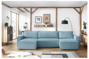 Светлосин велурен U-образен разтегателен диван Nihad - Bobochic Paris