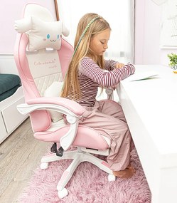 Детски геймърски стол с поставка за крака и масажна облегалка - розов