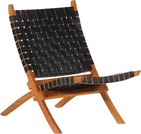 356377 vidaXL Сгъваем релаксиращ стол, черен, естествена кожа