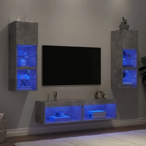 3216618 vidaXL ТВ стенни модули с LED, 6 части, бетонно сиви, инженерно дърво