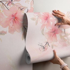 Тапет - Акварелни цветя и листа от розово злато