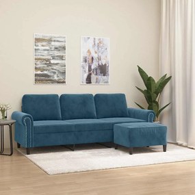 3201224 vidaXL 3-местен диван с табуретка, Синьо, 180 см, кадифе