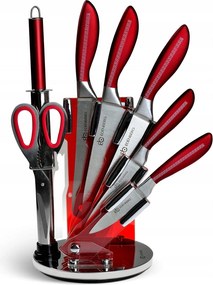 Комплект ножове с поставка ZILNER ZL 5121, 8 части, Точило, Ножици, Неръждаема стомана, Червен