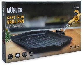 Грил тиган Muhler Tika MR-3521CI, 35x21 см, Чугун, Дървена сгъваема дръжка, Индукция, Черен