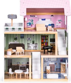 Многоетажна дървена къща за кукли с мебели