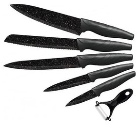 Комплект кухненски ножове 5 бр. + белачка, мрамор/черен