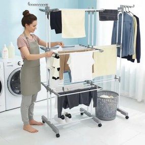 Сушилник за дрехи Kinghoff KH 2044, 30 м, До 30 кг, 3 нива, Колелца, Стомана, Бял/сив