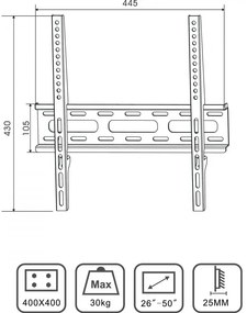 Стойка за телевизор X-TREMER 2650F, За стена, 26" до 50", Макс 30 кг, Vesa 400x200, Черен