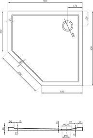 Mexen Flow петостенен тънък поддушов коритo 90 x 90 см, бял гланц - 46P109090