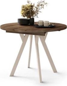 АЛМО Елегантен Орех/бежови крака - КРЪГЛА РАЗТЕГАТЕЛНА МАСА С Y-ОБРАЗНИ КРАКА В ЛОФТ/ИНДУСТРИАЛЕН СТИЛ ЗА ХОЛ ИЛИ ТРАПЕЗАРИЯ