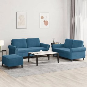 3202229 vidaXL Комплект дивани от 3 части, с възглавници, син, кадифе