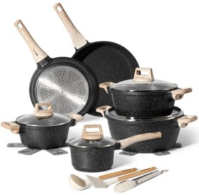 Комплект тенджери и тигани Just Perfecto JL-27, 15 ч, Отливка, Мраморно покритие, Индукция, Аксесоари, Графитен