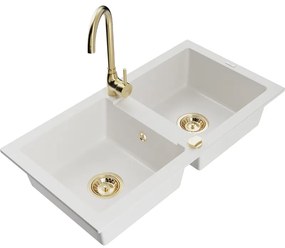 Mexen Mario гранитна кухненска мивка с 2 камери с батерия Telma, бяла