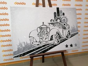 Картина на платно – Черно-бял автомобил с винтидж фон