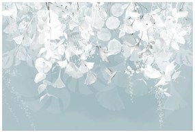 Самозалепващ тапет – Листа с колибри в синьо-сиво