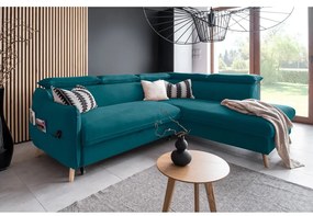 Ъглов разтегателен диван от тюркоазено кадифе (десен ъгъл) Sweet Harmony - Miuform