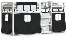 3283901 vidaXL Двуетажно легло със завеси, бяло и черно, 80x200 см, бор масив
